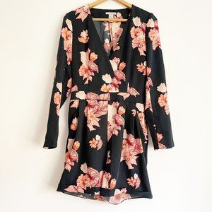 H&M Black Pink Bold Floral Vneck Long Sleeve Shorts Romper